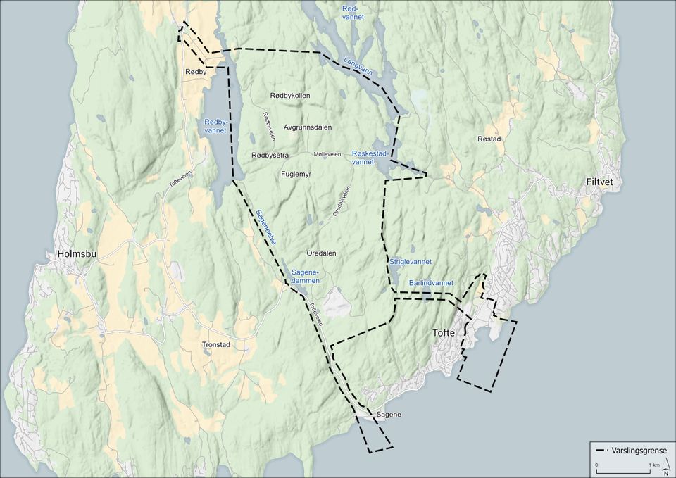 Kartutsnitt av planområdet: Et eventuelt anlegg og areal som inngjerdes vil kun utgjøre en liten andel av området som omfattes av planavgrensningen.